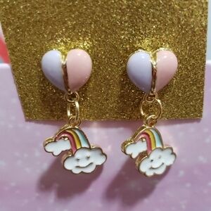 Pink and purple heart studs with rainbow charms.